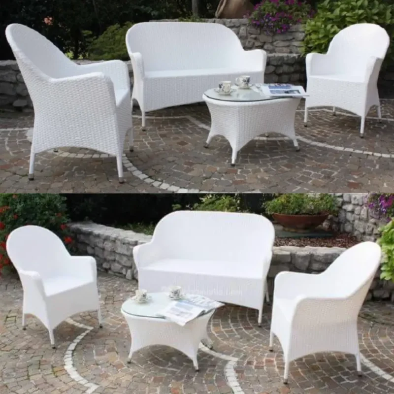 Salotto in rattan bianco  (2 poltrone + 1 divano + tavolino)